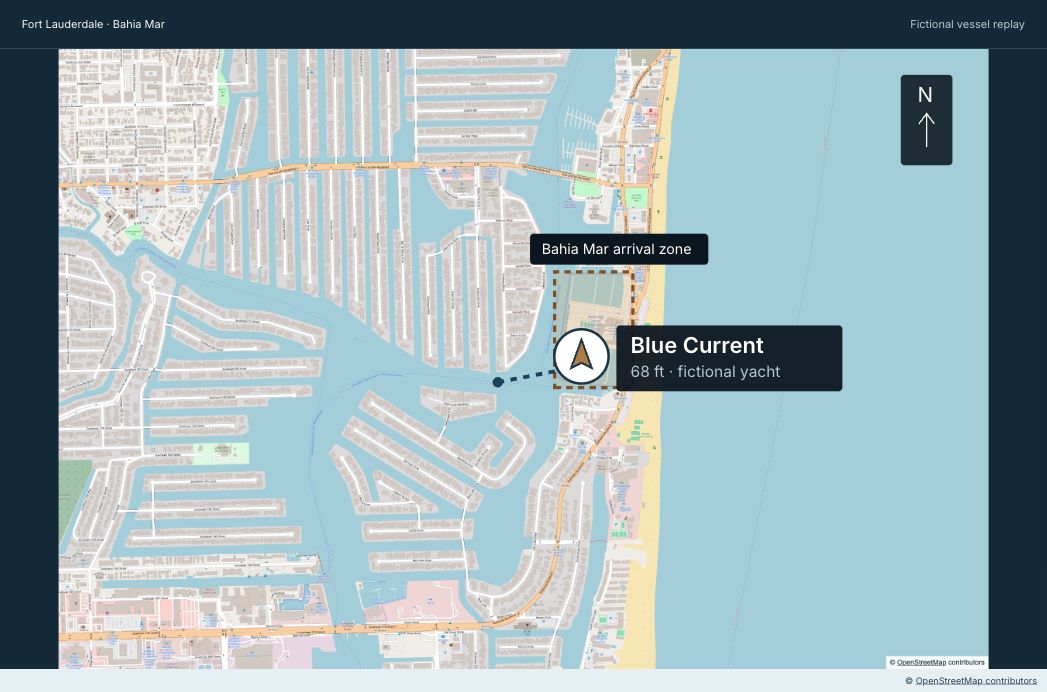 Fort Lauderdale coastline and waterways, with the fictional yacht Blue Current entering the Bahia Mar arrival zone